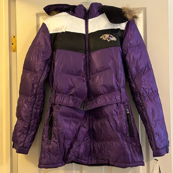 Baltimore Ravens Fur-Trim Hooded Belted Puffer - Picture 2 of 12